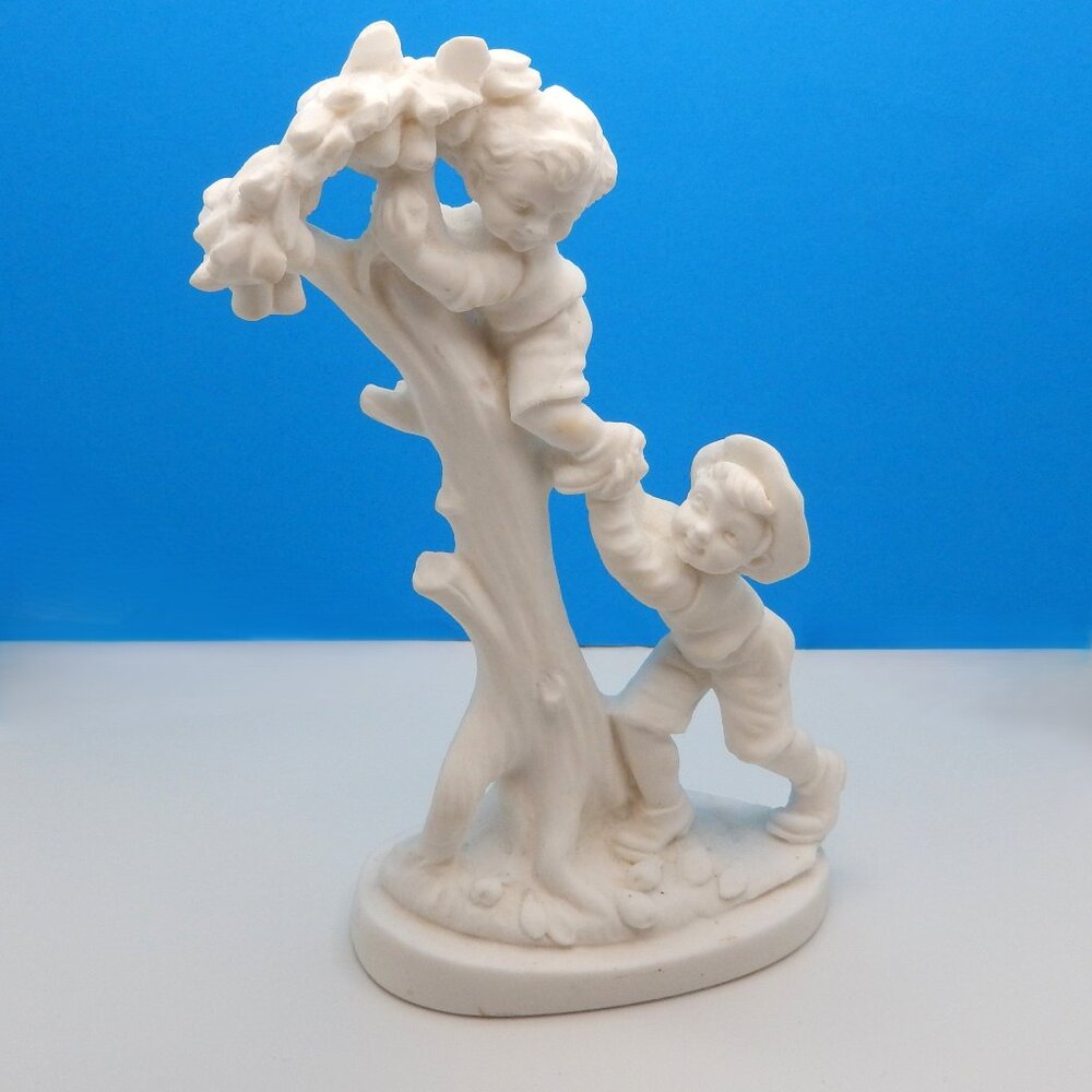 Vintage A. SANTINI Ceramic Figurine / Signed / Children Climbing Tree / RARE